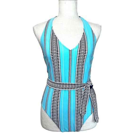 NWT Lemlem turquoise navy white tribal stripe belted swimsuit size medium - Picture 5 of 16